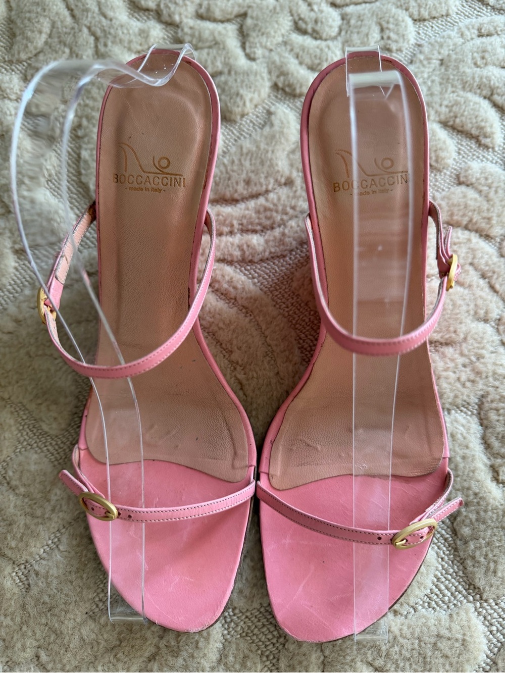 Pink 🌸Leather slip on strappy Wedge heel Sandals vintage, good cond